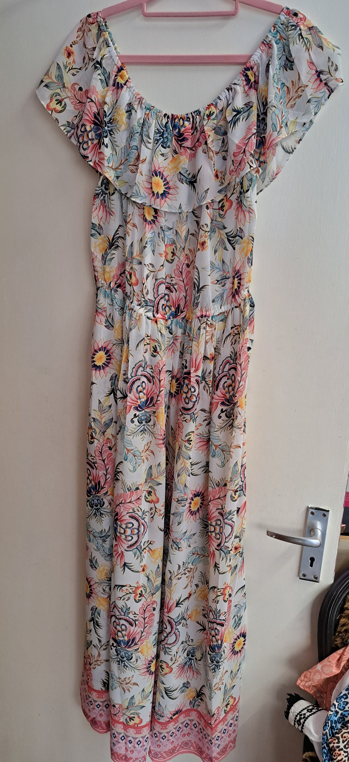 White Floral Bardot holiday Maxi Dress reduced