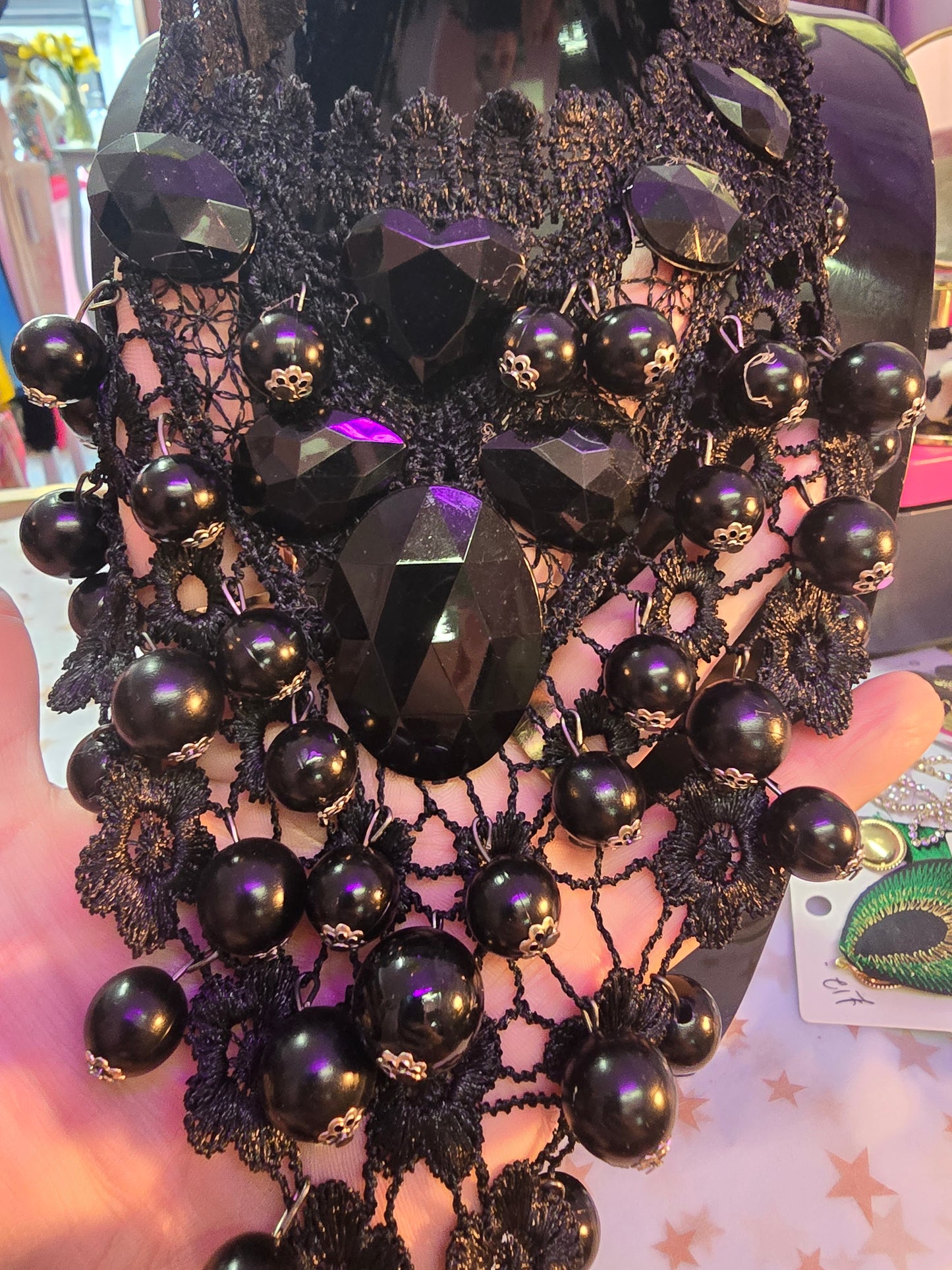 Black lace & bead necklace