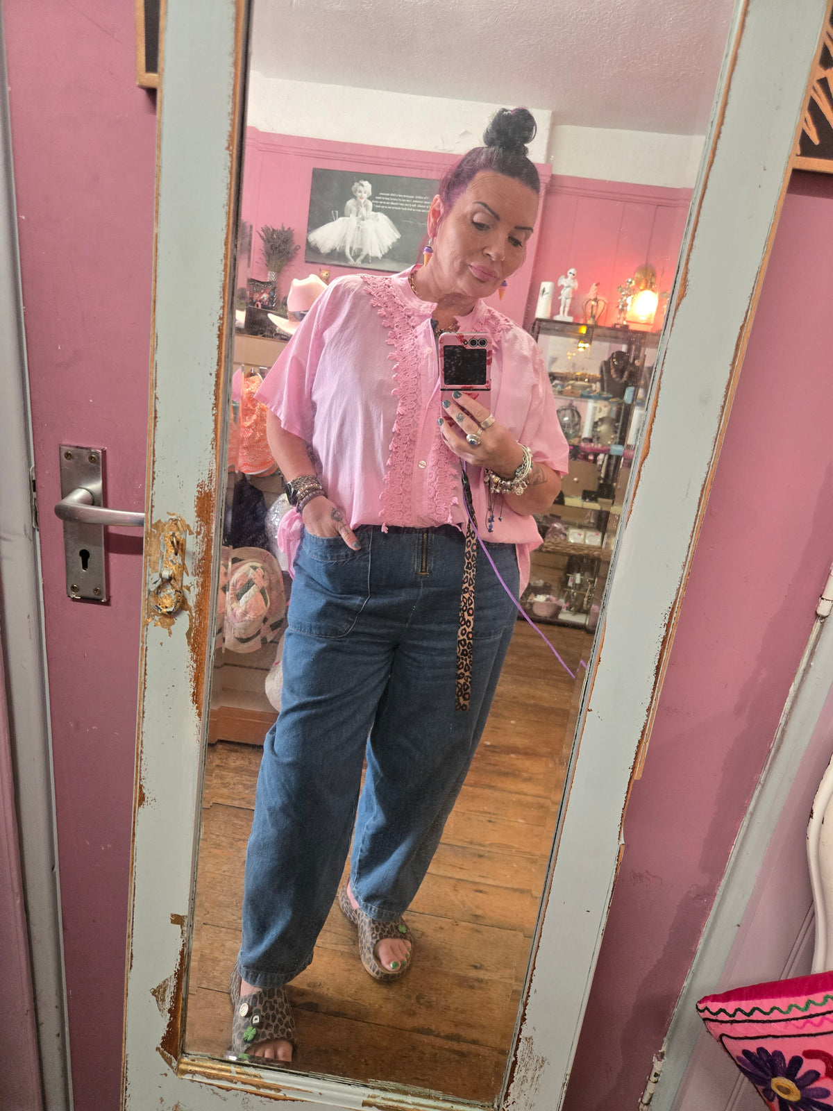 Baby pink frill front top