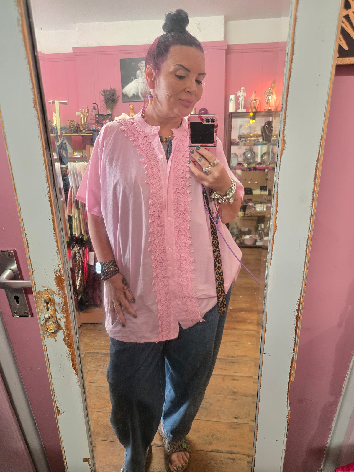 Baby pink frill front top