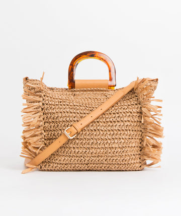 Woven bag with resin handle and long strap