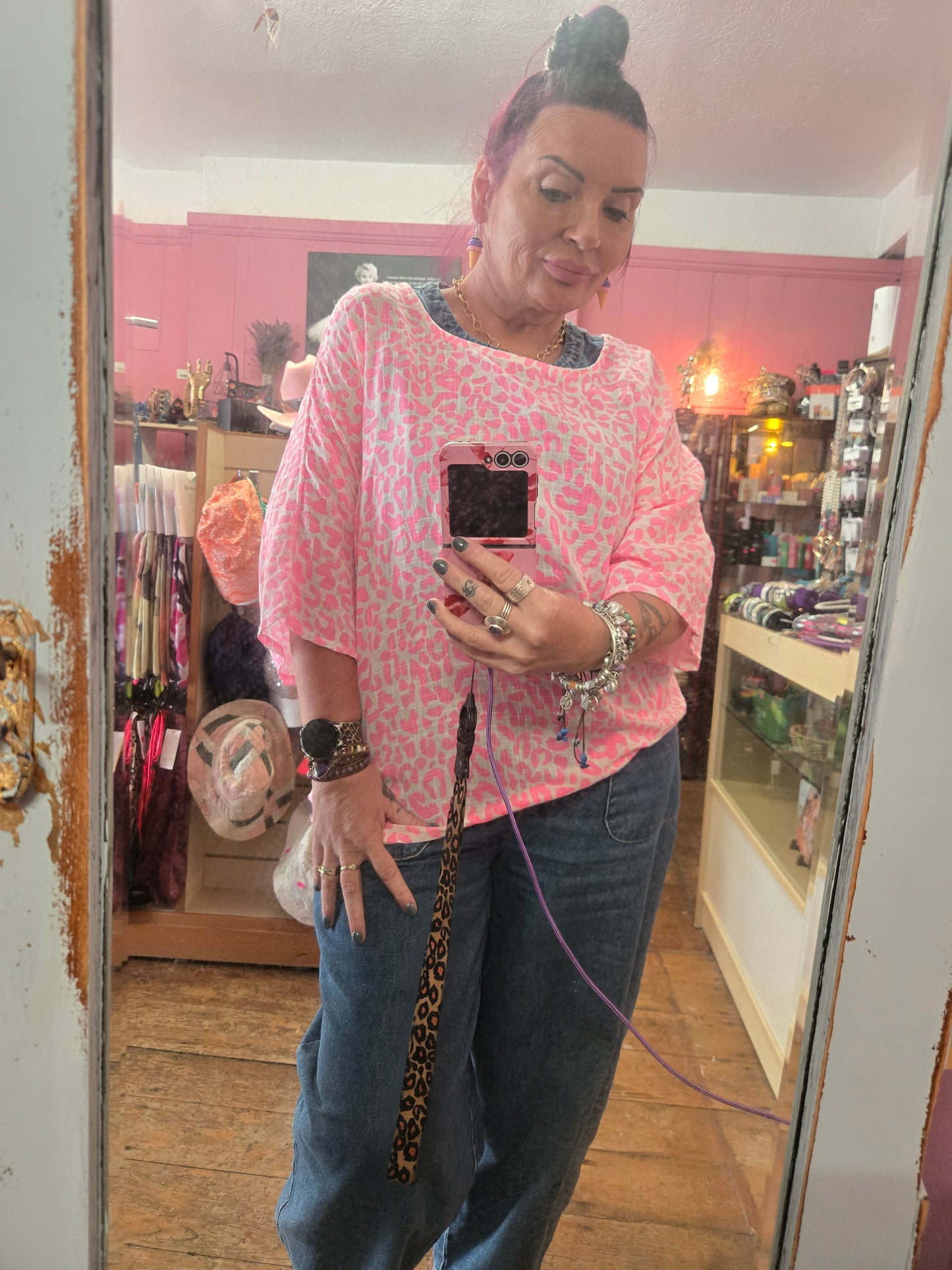 Neon pink animal print top
