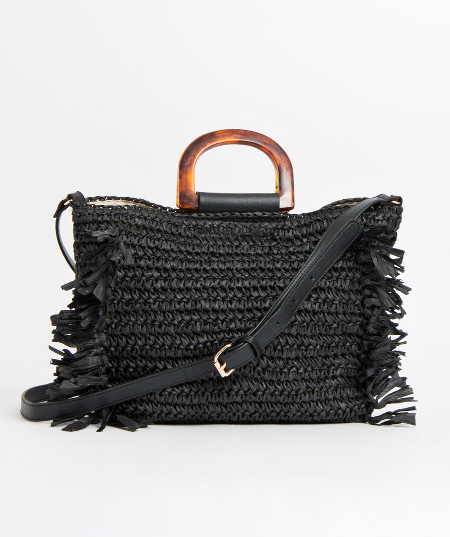 Woven bag with resin handle and long strap