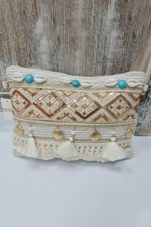 New summer bag with shell and turquoise colour stones .